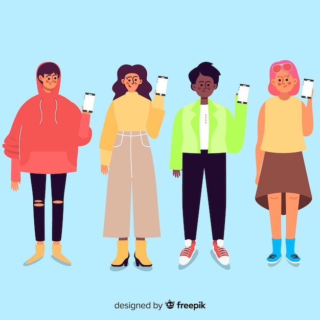 Grupo de personagens de desenhos animados segurando smartphone