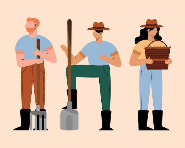 Grupo de personagens de trabalho de três agricultores