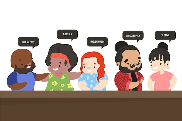Grupo de personagens falando idiomas diferentes