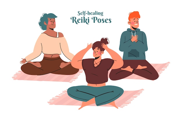 Grupo de pessoas em poses de reiki de autocura