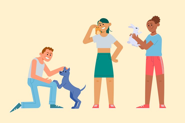 Vetor grátis grupo de pessoas planas com animais de estimação