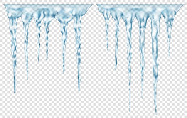 Grupo de pingentes de gelo realistas de azul claro translúcido de diferentes comprimentos conectados na parte superior. para uso em fundo claro. transparência apenas em formato vetorial