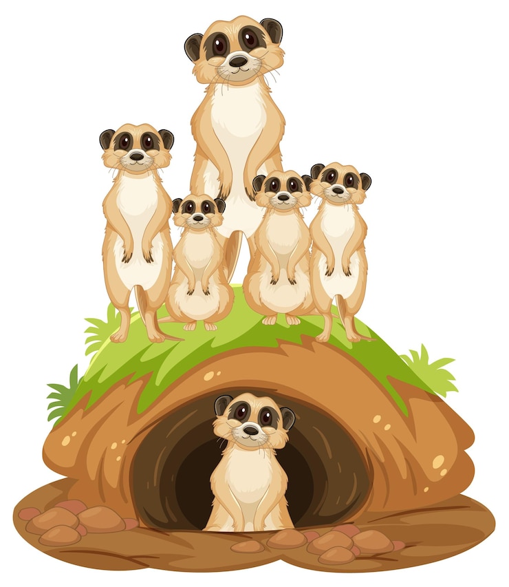 Vetor grátis grupo de suricatos com toca em estilo cartoon