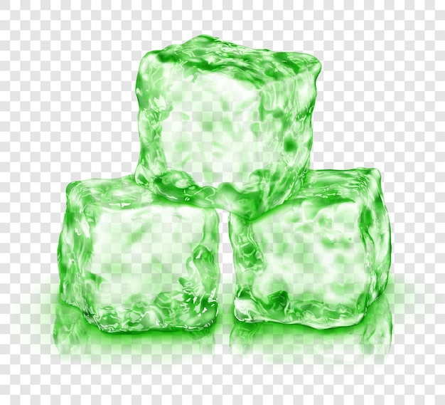 Grupo de três cubos de gelo translúcidos realistas na cor verde com reflexo isolado em fundo transparente transparência apenas em formato vetorial Vetor Premium