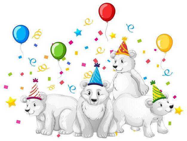 Grupo de urso polar em personagem de desenho animado com tema de festa em branco