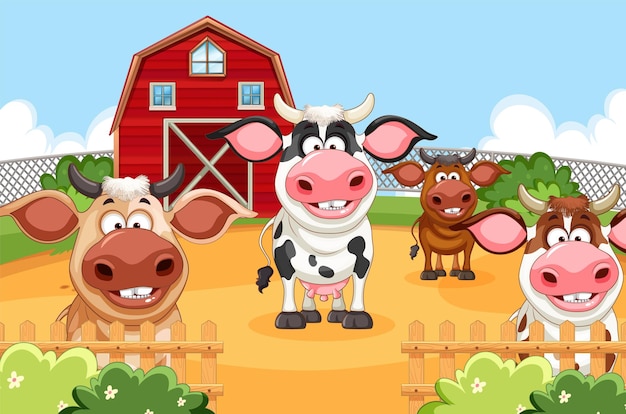 Vetor grátis grupo de vacas na fazenda