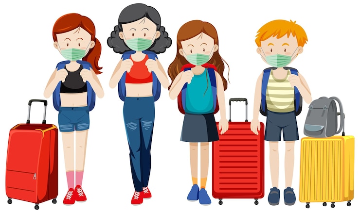 Vetor grátis grupo de viajantes usando máscaras com suas malas