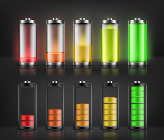 Vetor grátis grupo do vetor de indicadores da carga da bateria com níveis de energia baixos e altos isolados no fundo. cheio