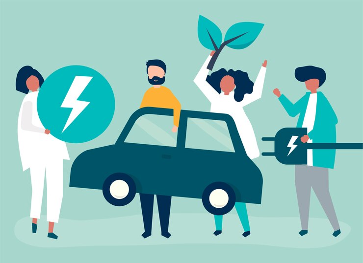 Vetor grátis grupo pessoas, com, um, carro elétrico