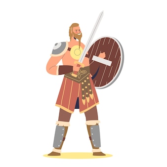Guerreiro viking bárbaro segurando espada e escudo. homem escandinavo medieval com arma tradicional