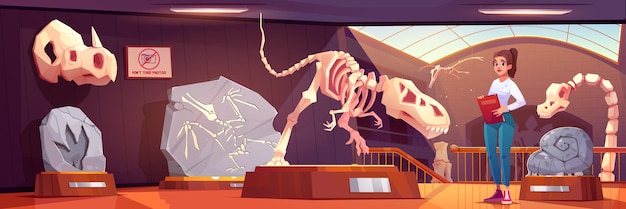 Vetor grátis guia feminina no museu com vetor de desenho animado de dinossauro fóssil esqueleto de dinossauros tiranossauro exibido em pedestal e história arqueológica interior da galeria pré-histórica com crânio e osso de animal jurássico