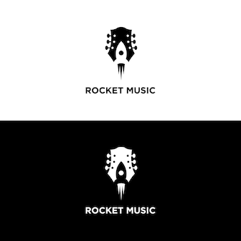 Guitarra com foguete em inspiração de design de logotipo de espaço negativo