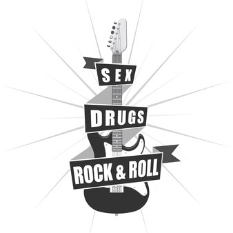 Guitarra elétrica preto e branco com fita. ilustração em vetor cartaz rock and roll.