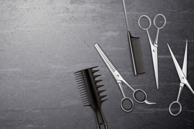 Hairdress ferramentas fundo com pente e tesoura na mesa realista