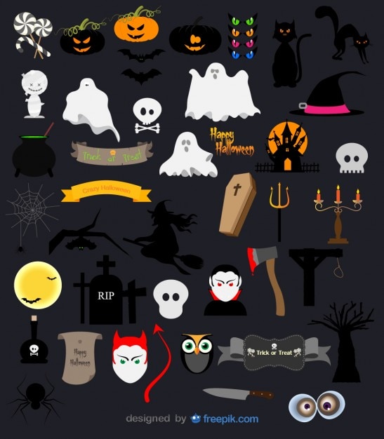 Vetor grátis halloween vector pacote de abóbora, fantasmas, caveiras e objetos assustadores