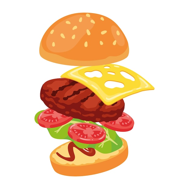 Vetor grátis hambúrguer fresco com carne grelhada em pão de tomate isolado