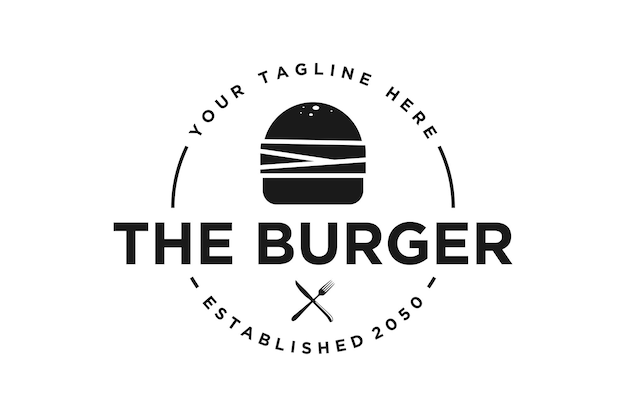 Hambúrguer vintage de hambúrguer com presunto e carne para restaurante de fast food design de logotipo retrô