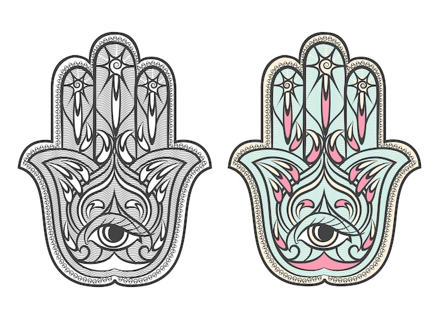 Hamsa, conjunto de símbolos de vetor de amuleto de mão fátima. eye hamsa, amuleto hamsa, talismã hamsa, ilustração de fatima de mão