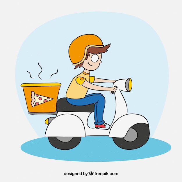 Hand drawn pizza delivery man with scooter