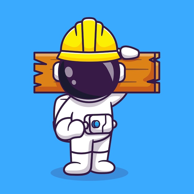 Handyman astronauta bonito segurando ilustração de ícone de vetor de madeira dos desenhos animados. conceito de ícone de construção de ciência isolado vetor premium. estilo de desenho animado plano