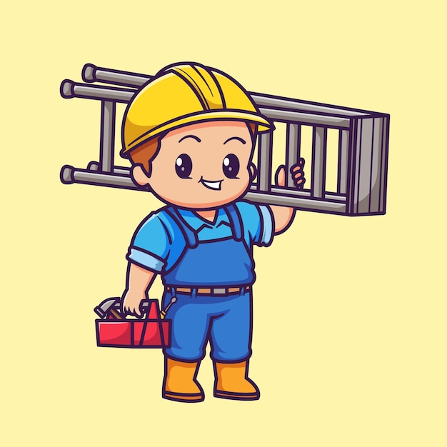 Handyman bonito traga escada e caixa de ferramentas ícone de ilustração vetorial dos desenhos animados ícone de construção de pessoas