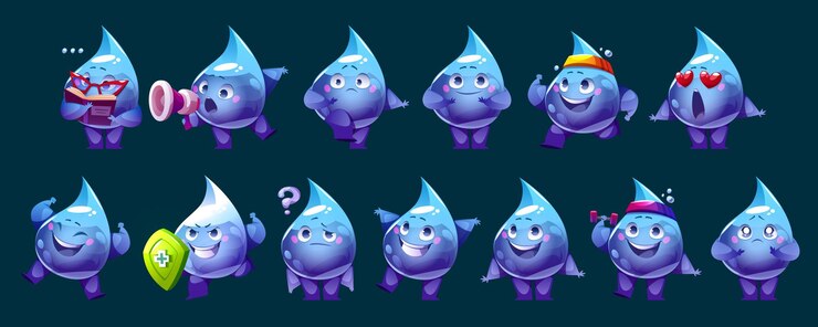 Vetor grátis happy water drop face mascot cartoon vector character cute engraçado raindrop icon expressão de emoção para animação exercício de leitura alto-falante emocionado e amor coração coleção de gotas cômicas