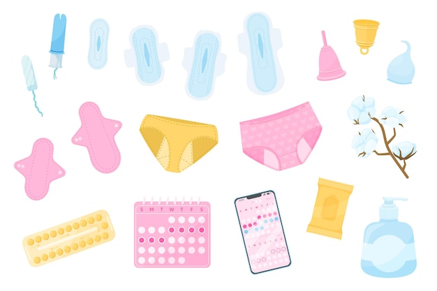Higiene do período menstrual conjunto plano de ícones isolados com calcinhas e almofadas de pílulas de analgésico de aplicativo de calendário ilustração vetorial