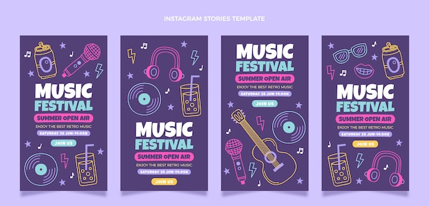 Histórias coloridas desenhadas à mão em festivais de música