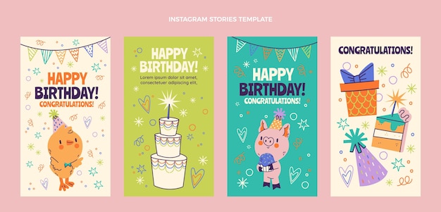 Histórias de aniversário infantis desenhadas à mão no instagram