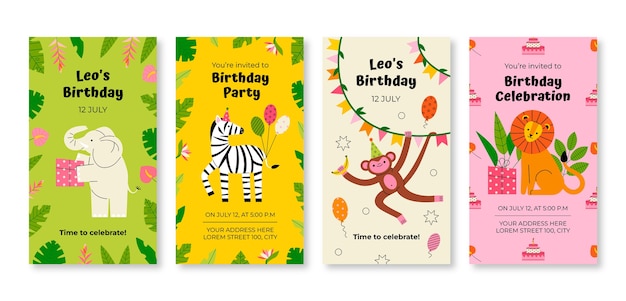 Histórias de ig de festa de aniversário de selva plana desenhada à mão