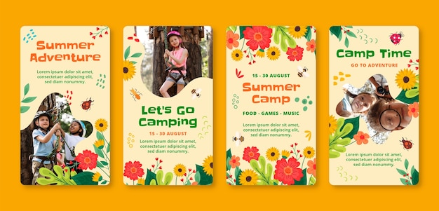 Vetor grátis histórias de instagram de acampamento de verão floral design plano
