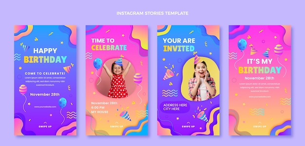 Vetor grátis histórias de instagram de aniversário colorido gradiente