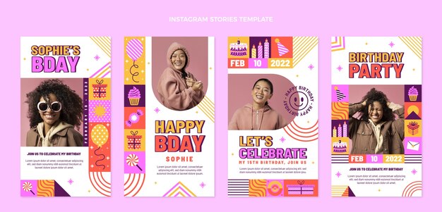 Histórias de instagram de aniversário em mosaico de design plano