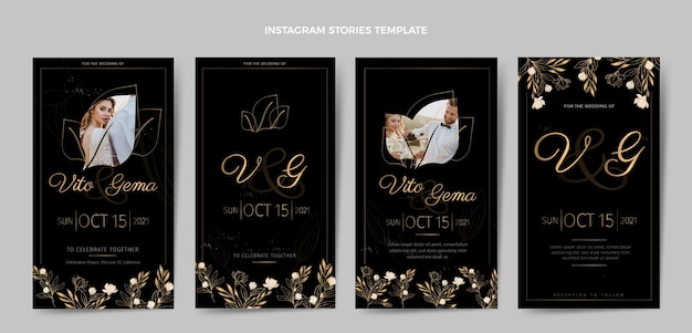 Histórias de instagram de casamento de ouro de luxo realistas