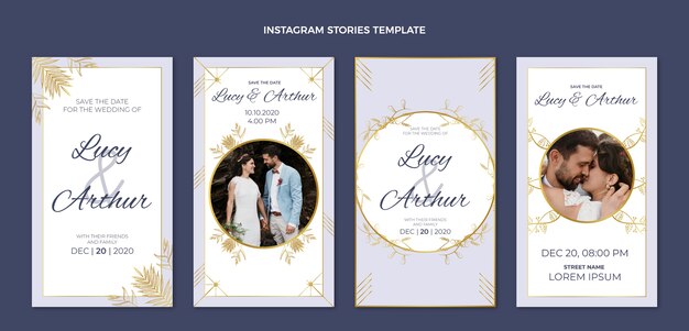 Histórias de instagram de casamento de ouro de luxo realistas