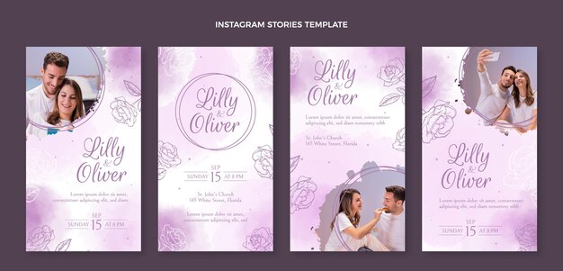 Histórias de instagram de casamento desenhadas à mão em aquarela