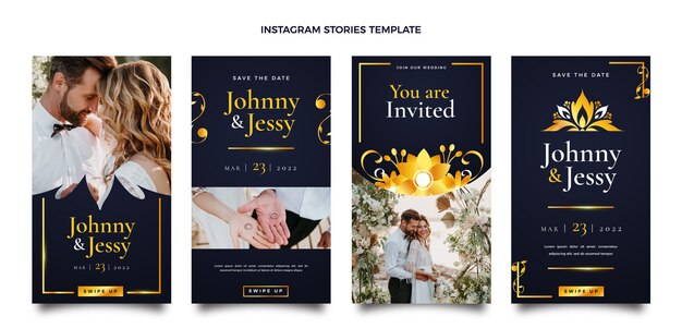 Histórias de instagram de casamento dourado de luxo realistas