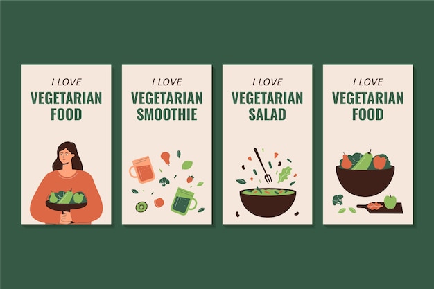 Histórias de instagram de comida vegetariana de design plano