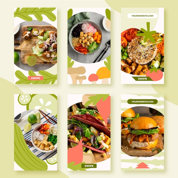 Histórias de instagram de comida vegetariana desenhada à mão