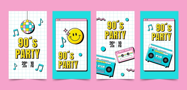 Vetor grátis histórias de instagram de festa retrô dos anos 90 de design plano