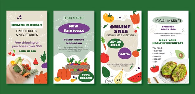 Histórias de instagram de mercado local desenhadas à mão