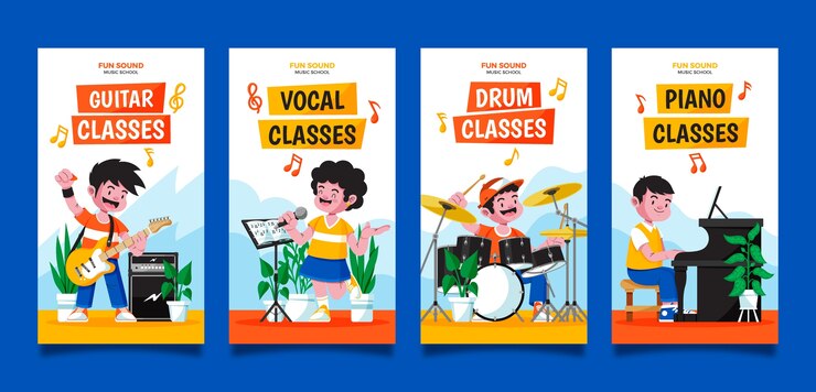 Histórias do instagram da escola de música desenhadas à mão