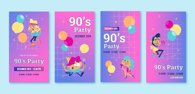 Histórias do instagram de festa dos anos 90 de desenho gradiente