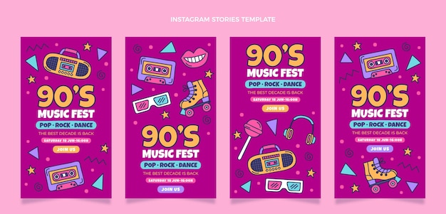 Vetor grátis histórias do instagram de festivais de música dos anos 90 desenhadas à mão