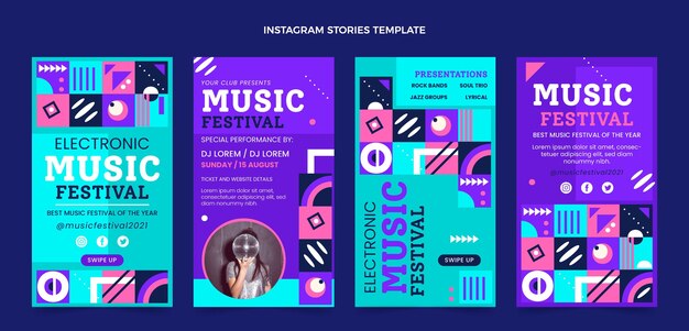 Histórias do instagram de festival de música em mosaico plano