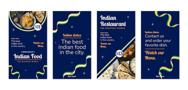 Histórias do instagram de restaurante indiano de design plano