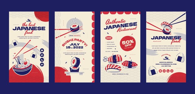 Histórias do instagram de restaurante japonês desenhadas à mão