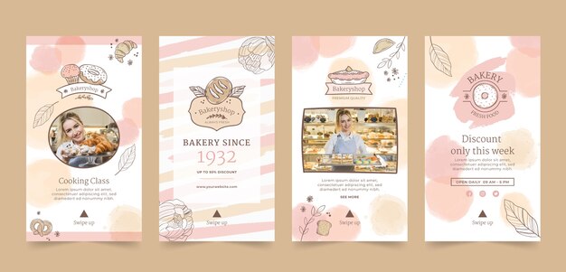 Histórias do instagram do pacote de marketing de aquarela de padaria