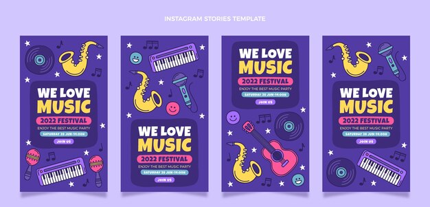 Histórias ig coloridas desenhadas à mão em festivais de música