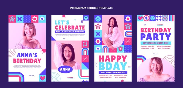 Histórias ig de aniversário em mosaico de design plano